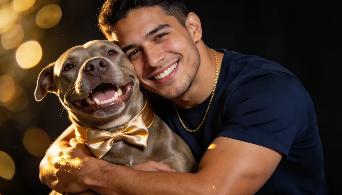 Cliente feliz abrazando a su perro recién arreglado en Royal Paw