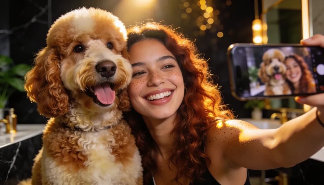 Clienta tomándose una selfie con su Poodle consentido en Royal Paw