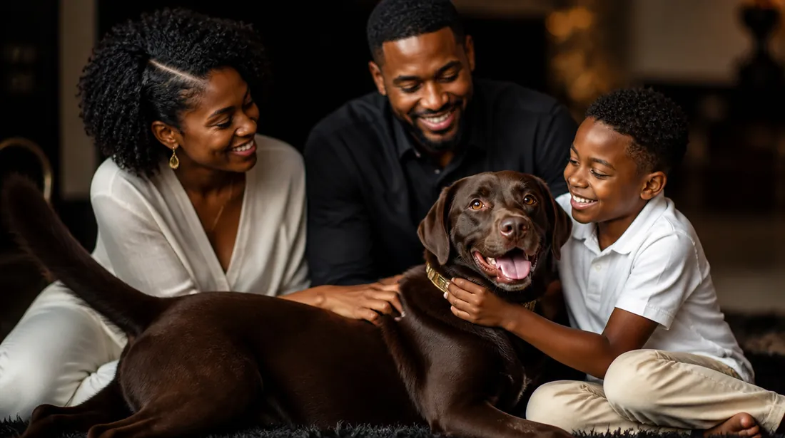 Familia feliz con su Labrador recién consentido en Royal Paw