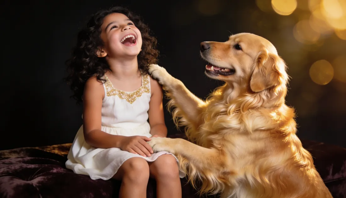Niña feliz jugando con su Golden Retriever consentido en Royal Paw