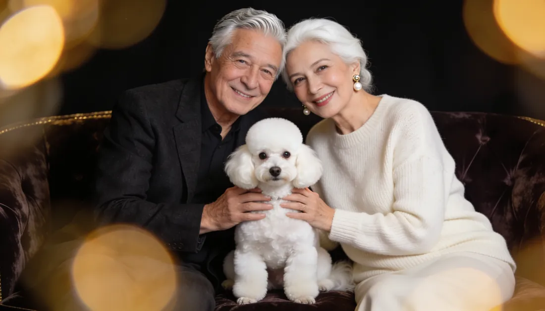 Pareja mayor con su Poodle blanco recién arreglado en Royal Paw
