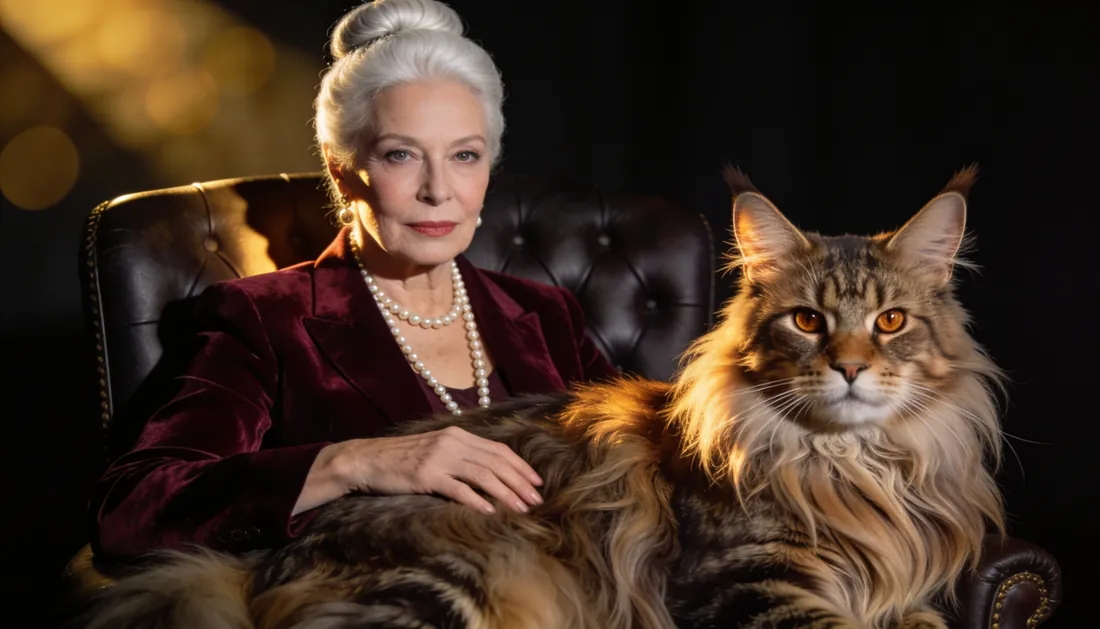 Clienta elegante con su gato Maine Coon consentido en Royal Paw