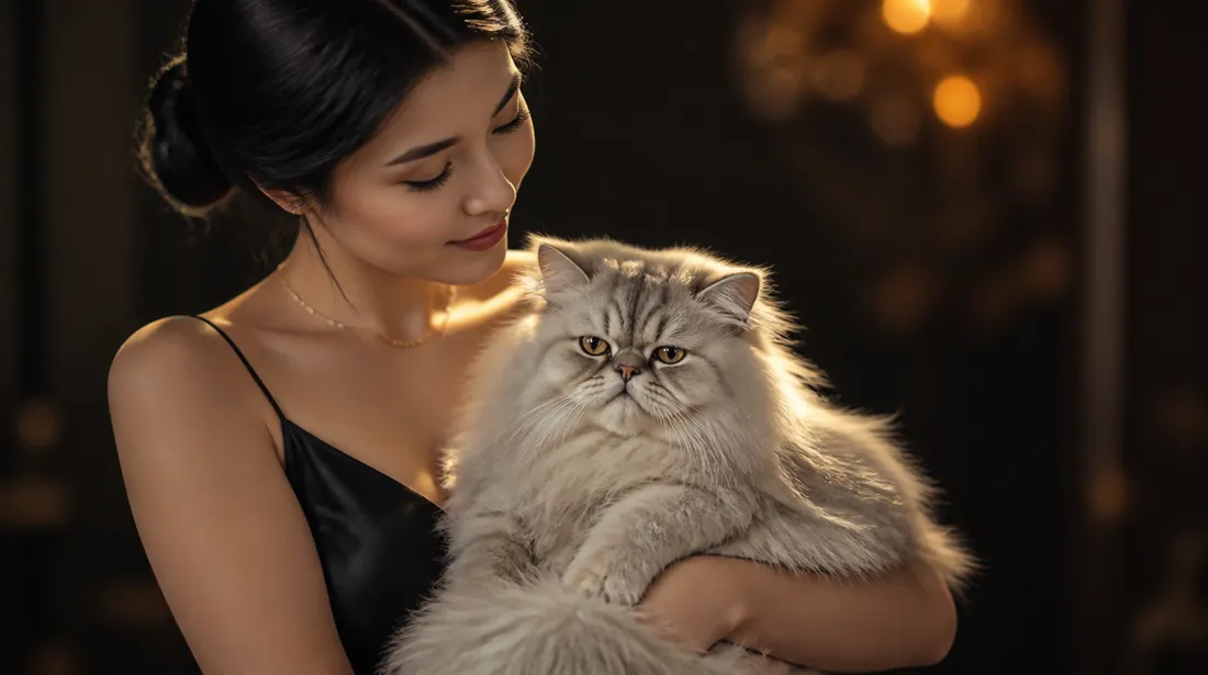 Clienta con su gato Persa esponjoso consentido en Royal Paw