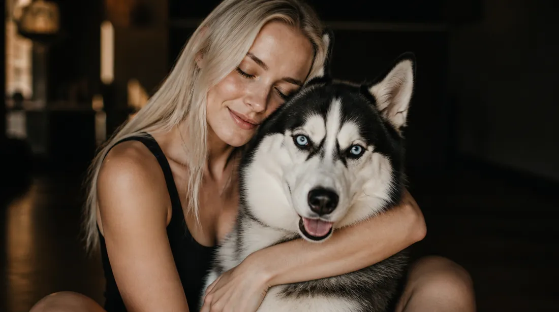 Clienta abrazando a su Husky de ojos azules consentido en Royal Paw